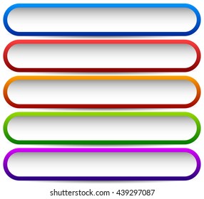 5 colorful button, banner backgrounds - Set of rectangular button background with blank space for messages. Tags, labels.