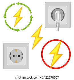 5 colorful cartoon electric elements set. Renewable energy, lightning and plug in socket. Electricity themed vector illustration for icon, label, certificate, brochure, coupon or banner decoration