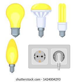 5 colorful cartoon electric elements set. Light bulb and plug in socket. Electricity themed vector illustration for icon, label, certificate, brochure, coupon or banner decoration