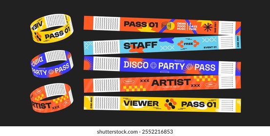 5 colorful event wristbands in retro futuristic style. Vector illustration of colorful event bands for parties, festivals, events, disco, fan zone. Control ticket bracelets for staff and artist.