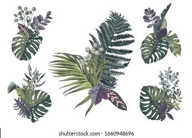 5 colorful hand drawn bouquetes with tropical leaves and plants. Sketched vector illustration
