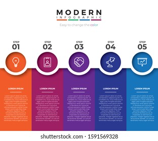 5 colorful rectangular infographic elements, thin line pictograms, pointers and text boxes. Concept of arrow business model with 5 successive steps. Modern infographic design template.