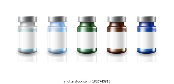 5 colors blank glass medical vaccine vials white labels with silver metal caps mockup template. Isolated on white background with shadow. Ready to use for your design or business. Vector illustration