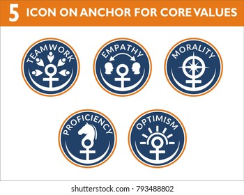 5 core values colored icon for company or organisation to show their values in visual way with anchor theme.