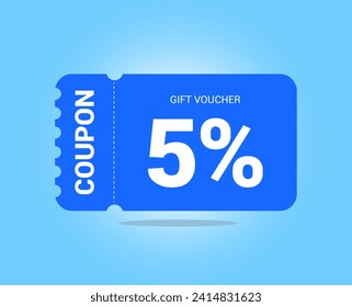 5% coupon promotion sale. Five percent Vector Gift Voucher. Blue discount, lucky ticket, special offer promo. Web, shopping label, percent sign. Special price offers.