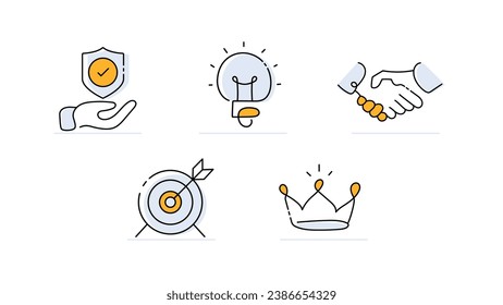5 Creative Business Icons: Creativity, Innovation, Strength, Protection, Trust, Partnership, Focus, Accuracy, Excellence, Leadership.