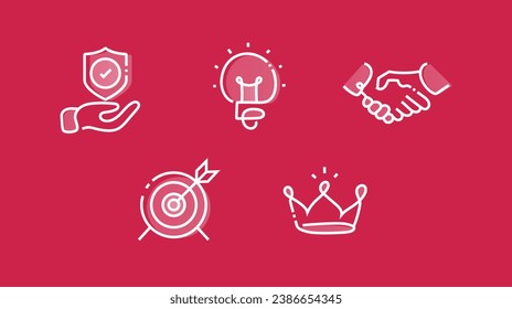 5 Iconos creativos de negocio: Creatividad, Innovación, Fuerza, Protección, Confianza, Asociación, Enfoque, Precisión, Excelencia, Liderazgo.