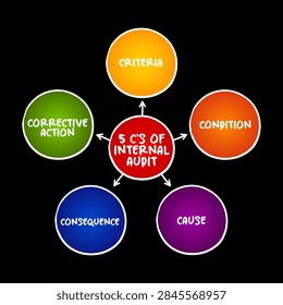 5 C's of Internal Audit text diagram mapping criteria, condition, cause, consequence, and corrective action for financial compliance, risk management, and corporate governance