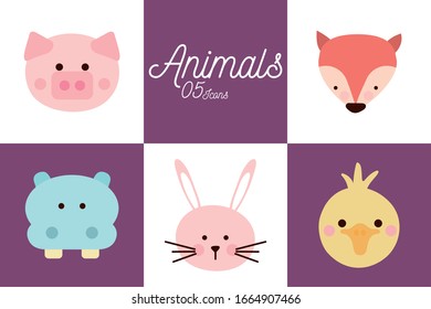 5 Cute cartoons flat style icon set design, Animal zoo life nature character childhood and adorable theme Vector illustration