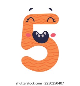 5 lindo personaje gracioso. Numero naranja brillante de cinco comics, símbolo matemático ilustración vectorial de dibujos animados