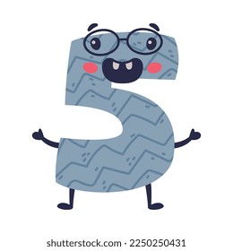 5 graciosos personajes adorables usando gafas. Cinco cómicos niños brillantes numéricos coloridos, símbolo matemático ilustración vectorial de dibujos animados