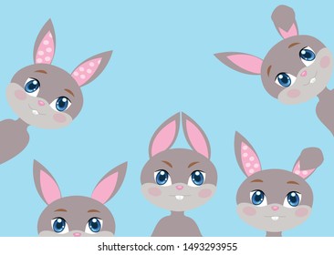 5 cute rabbits on a blue background look surprised.