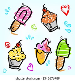 5 cute scribble pink, purple, red, brown, yellow and green, ice cream, stick, cone and cup with love, square, circle and water splash for element design backdrop or wallpaper
