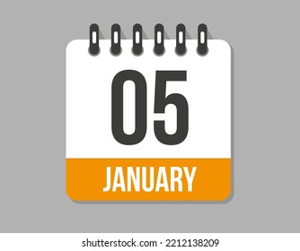 5 day january calendar icon. Orange calendar vector on light background for january month