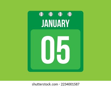 5 day january calendar vector. Calendar page icon for the month of january with metallic pin. Calendar on green background.