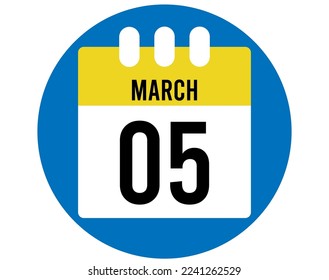 Vector del calendario de 5 días de marzo. Icono de la página del calendario para los días de marzo. Círculo azul con calendario amarillo