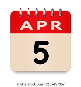 5 day of the month. April. Flip old formal calendar daily icon. Date day week Sunday, Monday, Tuesday, Wednesday, Thursday, Friday, Saturday. Cut paper. White background. Vector illustration. 3d