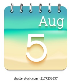 5 day of the month. August. Marine view  calendar daily icon. Date day week Sunday, Monday, Tuesday, Wednesday, Thursday, Friday, Saturday. White text. Sea background. Vector illustration. Sea coast.