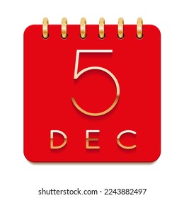 5 day of the month. December. Luxury calendar daily icon. Date day week Sunday, Monday, Tuesday, Wednesday, Thursday, Friday, Saturday. Gold text. Red paper. Vector illustration.