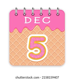 5 Tage im Monat. Dezember. Waffelkegelkalender mit geschmolzenem Eis. 3D-Tagessymbol. Datum. Woche Sonntag, Montag, Dienstag, Mittwoch, Donnerstag, Freitag, Samstag. Weißer Hintergrund, Vektorgrafik