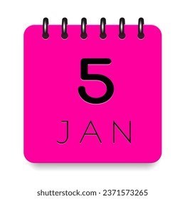 5 day of the month. January. Pink calendar daily icon. Black letters. Date day week Sunday, Monday, Tuesday, Wednesday, Thursday, Friday, Saturday. Cut paper. White background. Vector illustration.