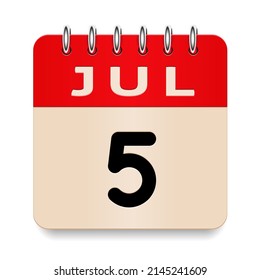 5 day of the month. July. Flip old formal calendar. 3d daily icon. Date. Week Sunday, Monday, Tuesday, Wednesday, Thursday, Friday, Saturday. Cut paper. White background. Vector illustration. 