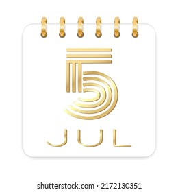 5 day of the month. July. Luxury calendar daily icon. Date day week Sunday, Monday, Tuesday, Wednesday, Thursday, Friday, Saturday. Gold text. White background. Vector illustration.