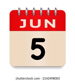 5 días del mes. Junio. Voltear el calendario formal antiguo. Icono de 3d diario. Fecha. Semana Domingo, Lunes, Martes, Miércoles, Jueves, Viernes, Sábado. Corta papel. Fondo blanco. Ilustración vectorial. 