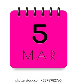 5 day of the month. March. Pink calendar daily icon. Black letters. Date day week Sunday, Monday, Tuesday, Wednesday, Thursday, Friday, Saturday. Cut paper. White background. Vector illustration.
