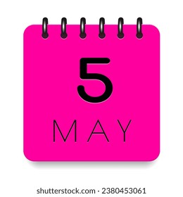 5 day of the month. May. Pink calendar daily icon. Black letters. Date day week Sunday, Monday, Tuesday, Wednesday, Thursday, Friday, Saturday. Cut paper. White background. Vector illustration.