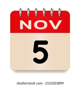 5 day of the month. November. Flip old formal calendar. 3d daily icon. Date. Week Sunday, Monday, Tuesday, Wednesday, Thursday, Friday, Saturday. Cut paper. White background. Vector illustration.