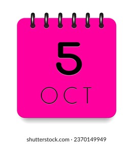 5 day of the month. October. Pink calendar daily icon with black letter. Date day week Sunday, Monday, Tuesday, Wednesday, Thursday, Friday, Saturday. Cut paper. White background. Vector illustration