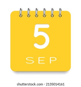 5 días del mes. Septiembre. Icono de calendario amarillo lindo diario. Fecha día semana domingo, lunes, martes, miércoles, jueves, viernes, sábado. Corta papel. Fondo blanco. Ilustración vectorial.