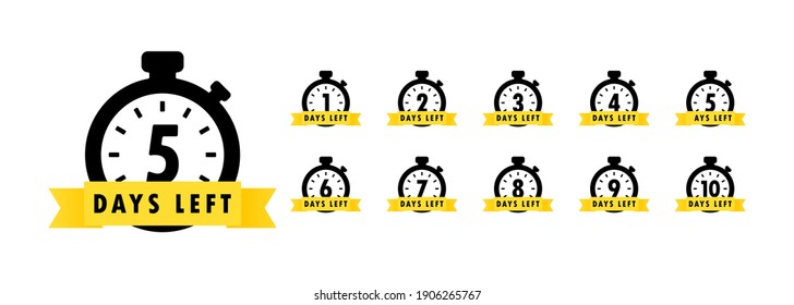 5 days left icon set. Countdown of days remaining. Offer timer, sticker limited to a few days. Vector EPS 10. Isolated on white background