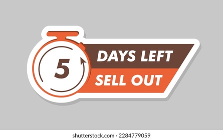 Quedan 5 días vendiendo pegatina. Temporizador con número e inscripción. Compras en línea, descuentos y promociones, comercio electrónico. Plantilla y burla. Dibujo vectorial plano de dibujos animados
