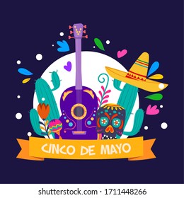 5 De mayo poster. Decorated mexican skull, hat, guitar, cactus, maracas adn flowers - Vector