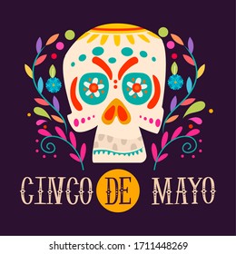 5 De mayo poster with a decorated mexican skull - Vector