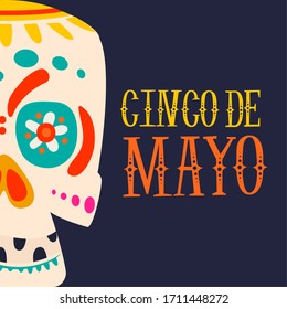 5 De mayo poster with a decorated mexican skull - Vector