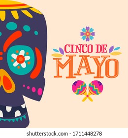 5 De mayo poster with a decorated mexican skull and maracas - Vector