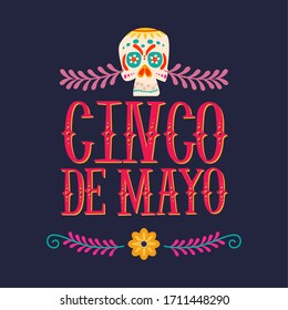 5 De mayo poster with a decorated mexican skull - Vector