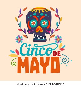 5 De mayo poster with a decorated mexican skull - Vector