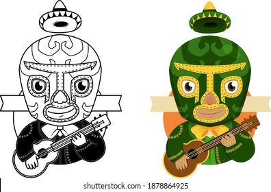 5 de mayo vector graphic happy smiling cartoon icon illustration traditional character of mexican charro luchador wrestler mask with hat, wooden guitar and ribbon, tattoo retro style, mexican holiday