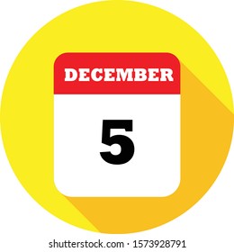 5 December calendar vector flat icon with long shadow in yellow tone