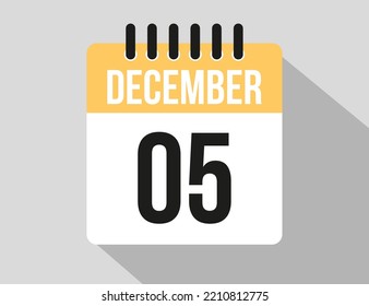 5 December calendar vector icon. Yellow december date for the days of the month and week