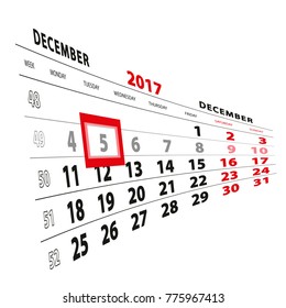 5 December highlighted on calendar 2017. Week starts from Monday. Vector Illustration.