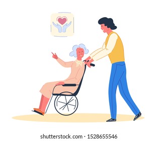 5 December the International Volunteer Day. Volunteer man walking with elderly disabled woman in wheelchair. Volunteerism and social responsibility, senior and handicapped people support. Flat Vector.