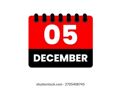 5 de diciembre mes de mayo Vector de un solo día, ilustración, calendario con rojo, negro y blanco color de fondo icono de calendario de 5 de diciembre