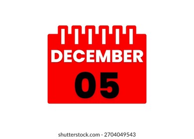 5 Diciembre mes Vector de un solo día, ilustración, calendario con rojo, negro y blanco color de fondo icono de calendario de diciembre 5