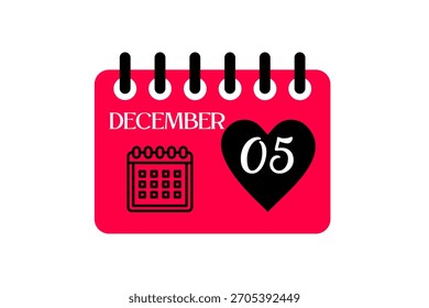 5 December month single day vector, illustration, calendar with red, black and white color background calendar icon of December 5
