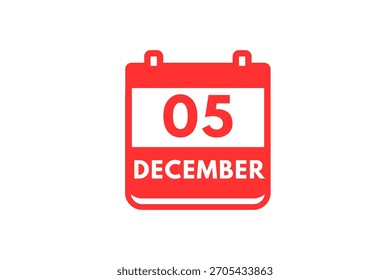 5 Diciembre mes Vector de un solo día, ilustración, calendario con el icono de calendario de fondo rojo y blanco del 5 de diciembre